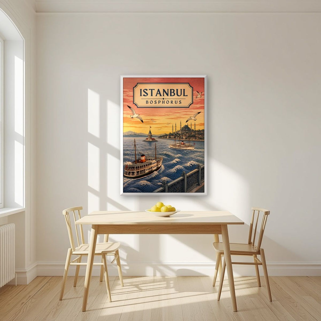 Kiz Kulesi — Istanbul art print, in a white frame, styled in a kitchen