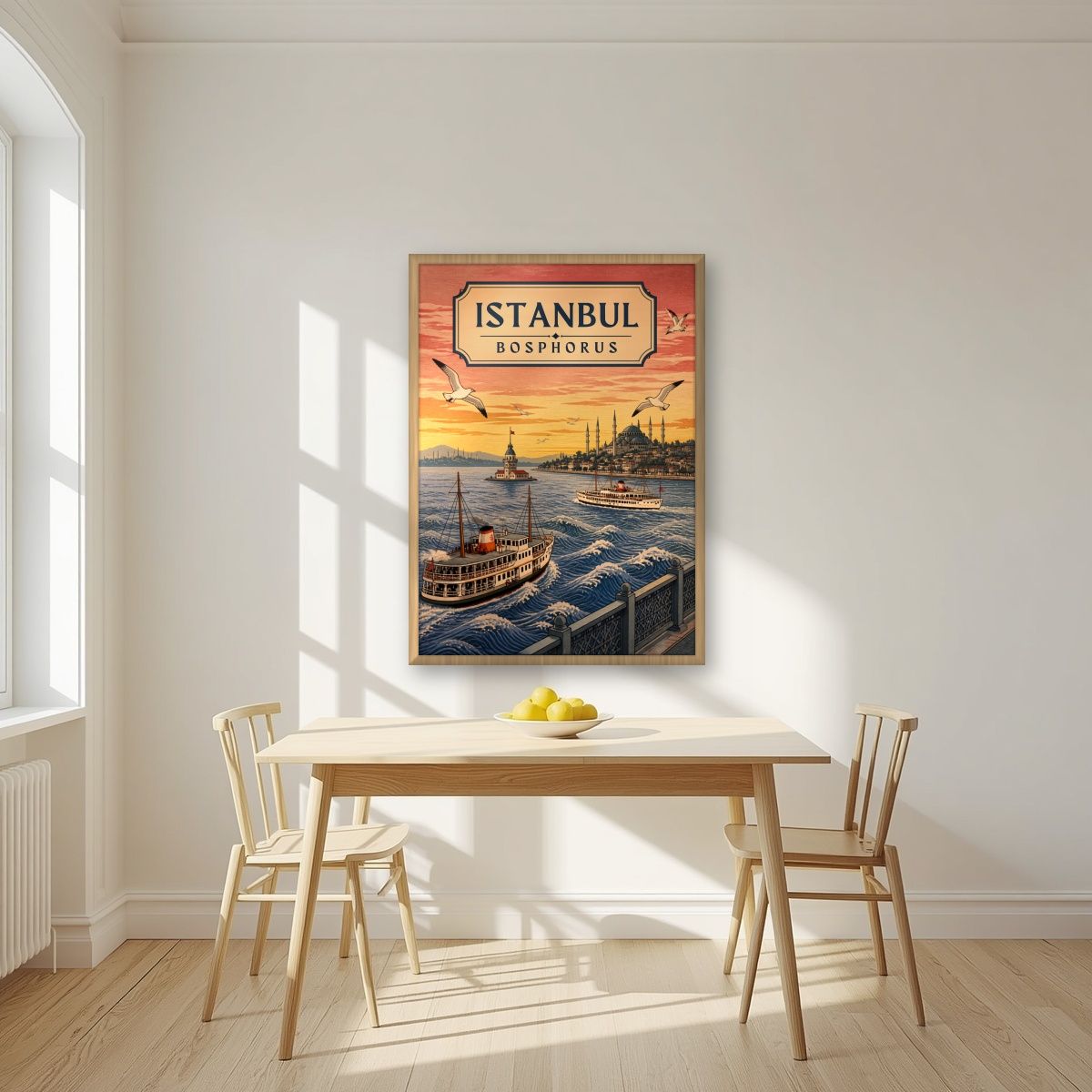 Kiz Kulesi — Istanbul art print, in an oak frame, styled in a kitchen