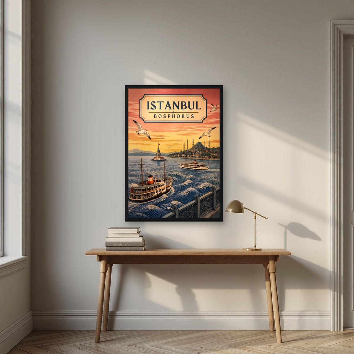 Kiz Kulesi — Istanbul art print, in a black frame, styled in a desk