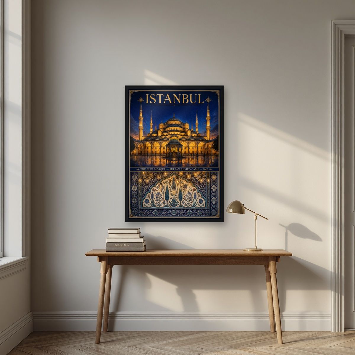 Mavi Cami — Istanbul art print, in a black frame, styled in a desk