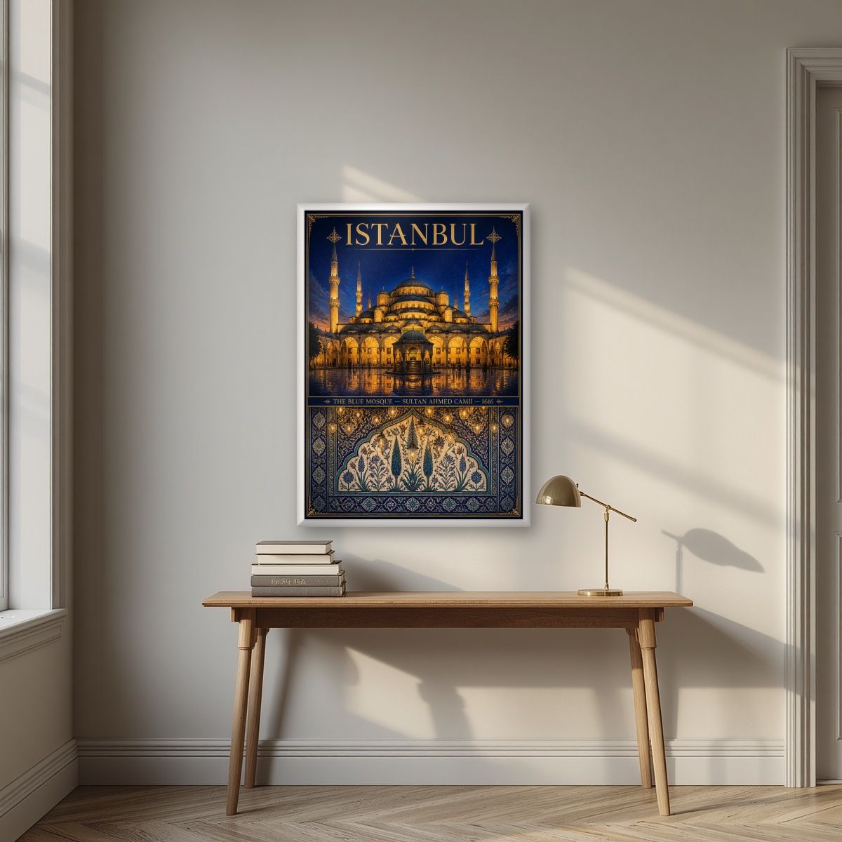Mavi Cami — Istanbul art print, in a white frame, styled in a desk