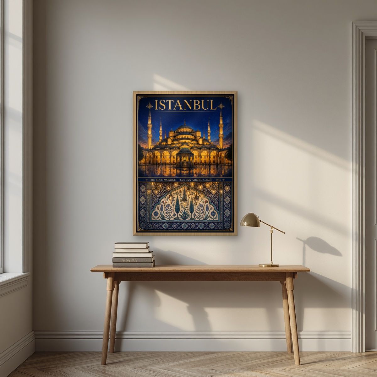 Mavi Cami — Istanbul art print, in an oak frame, styled in a desk