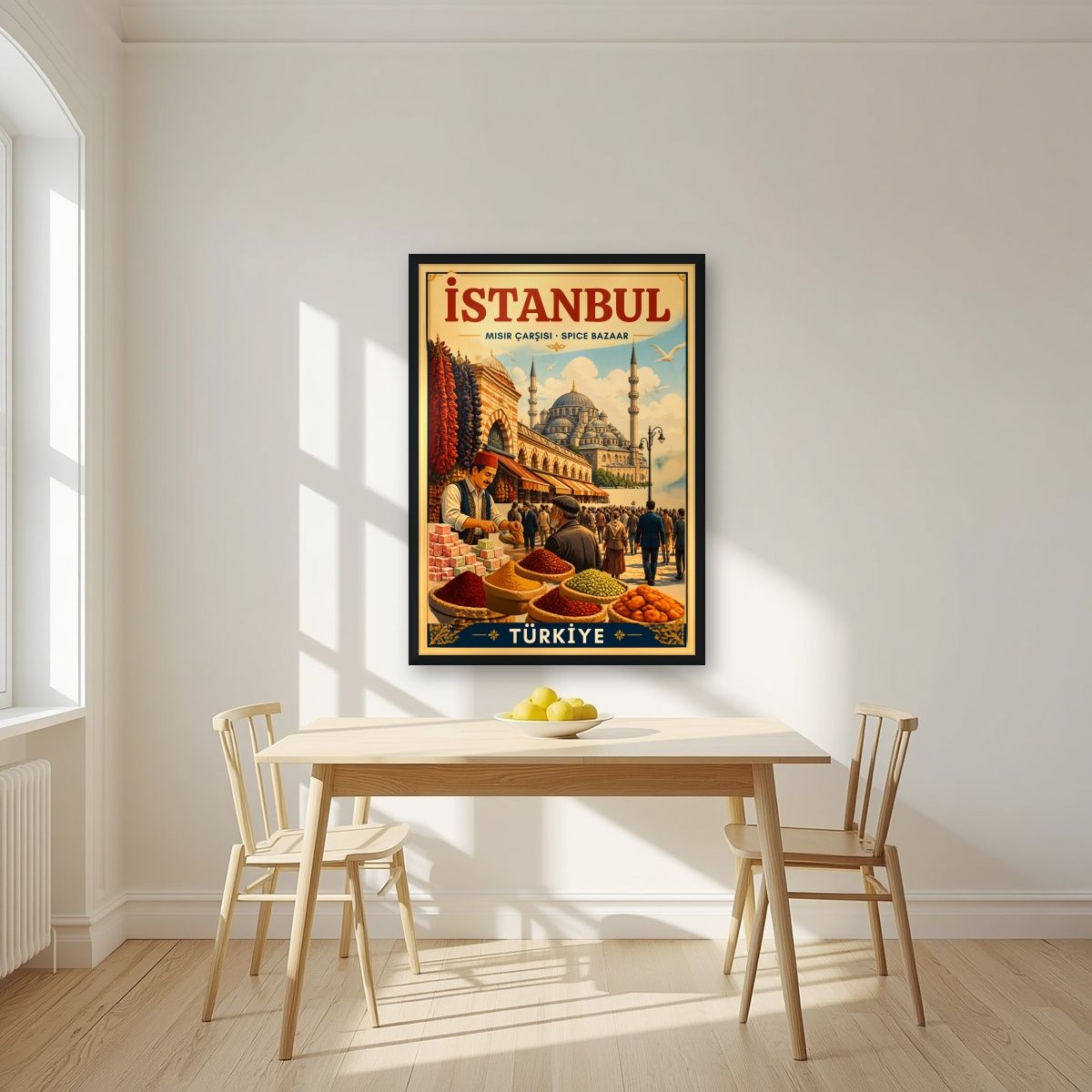 Misir Carsisi — Istanbul art print, in a black frame, styled in a kitchen