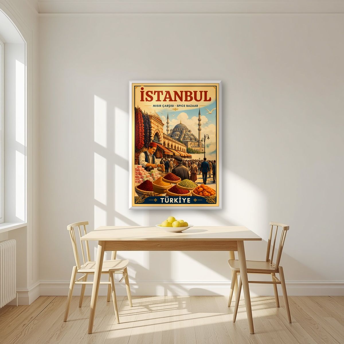 Misir Carsisi — Istanbul art print, in a white frame, styled in a kitchen