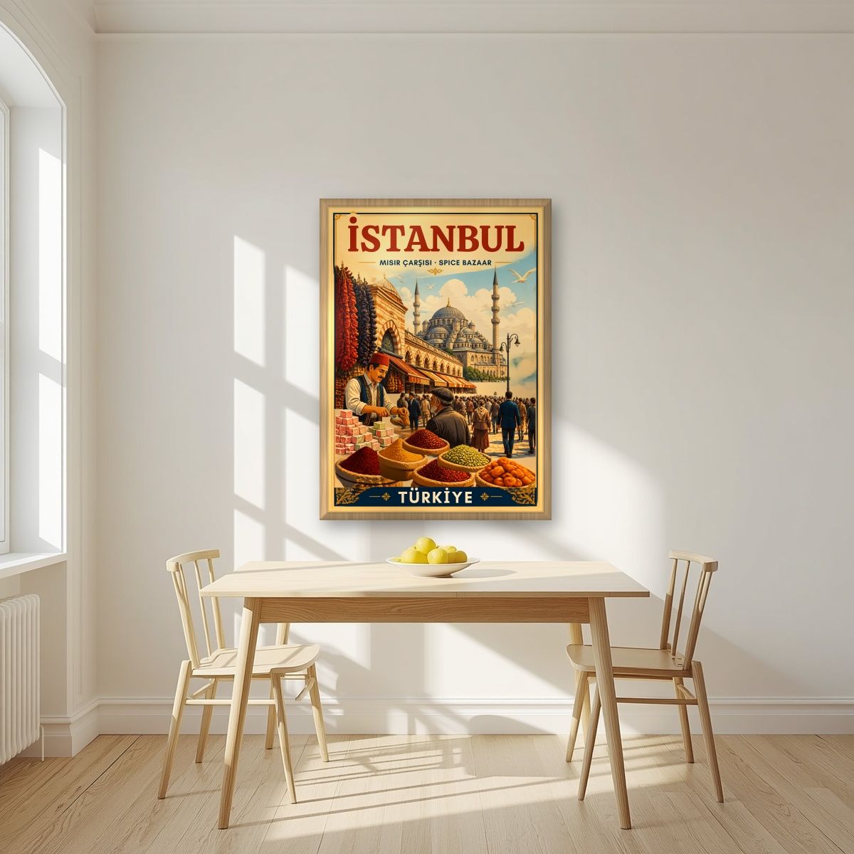Misir Carsisi — Istanbul art print, in an oak frame, styled in a kitchen