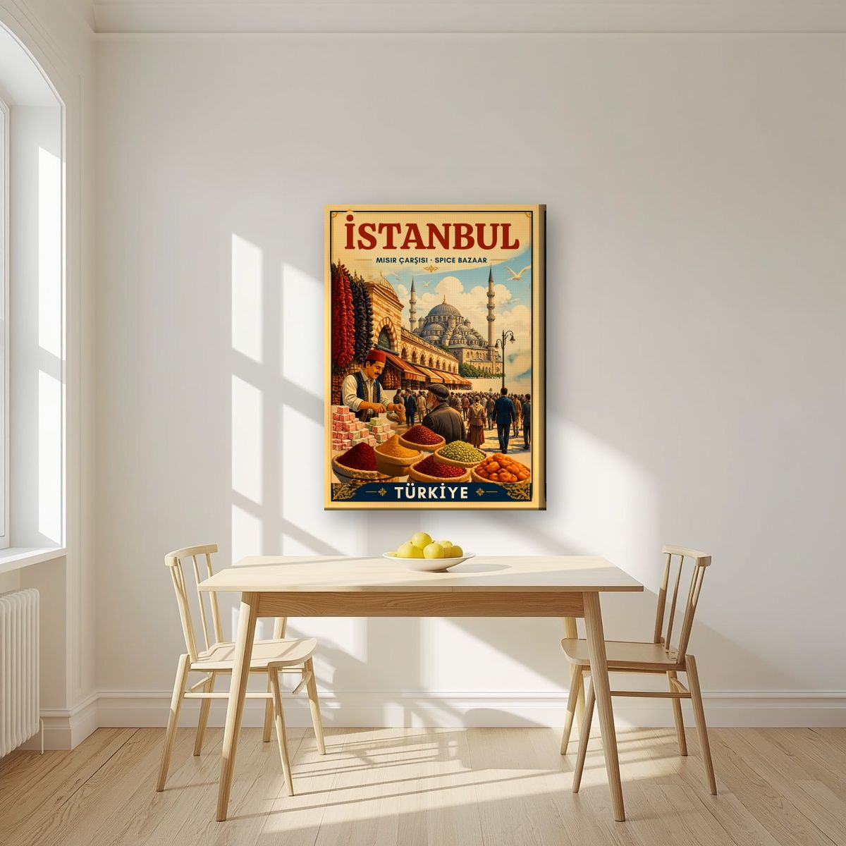 Misir Carsisi — Istanbul art print, on slim canvas, styled in a kitchen