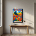 Campagna In Primavera — Tuscany art print, in a black frame, styled in a desk