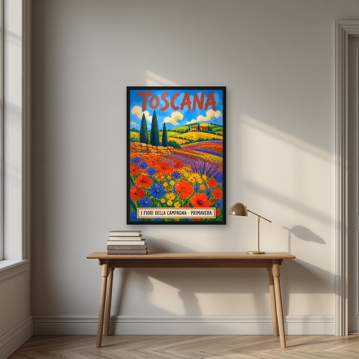 Campagna In Primavera — Tuscany art print, in a black frame, styled in a desk