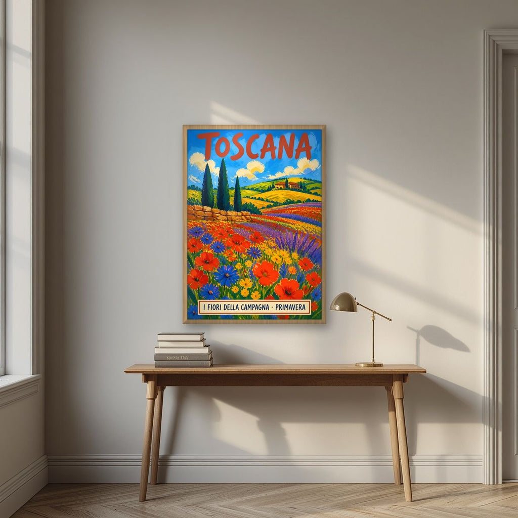 Campagna In Primavera — Tuscany art print, in an oak frame, styled in a desk