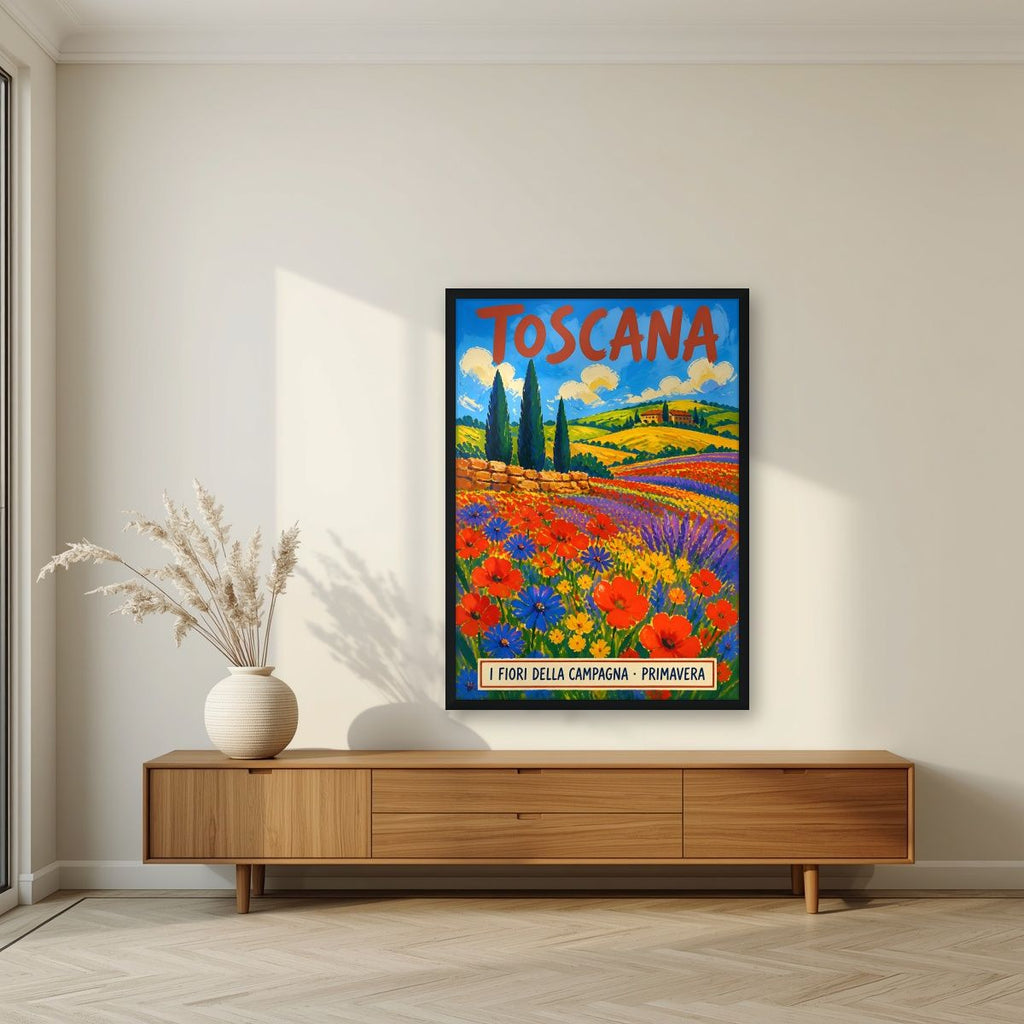 Campagna In Primavera — Tuscany art print, in a black frame, styled in a living room