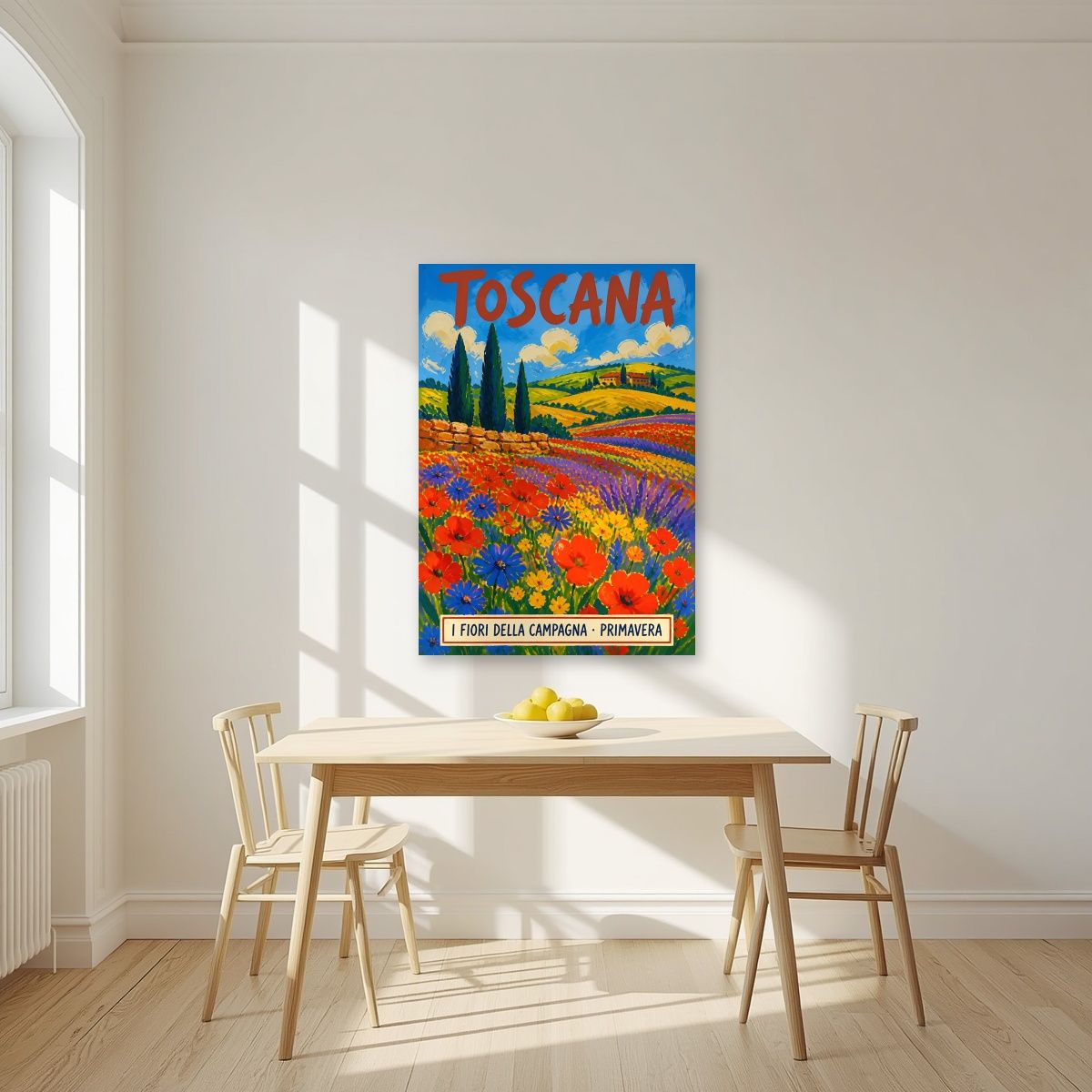 Campagna In Primavera — Tuscany art print, unframed poster, styled in a kitchen