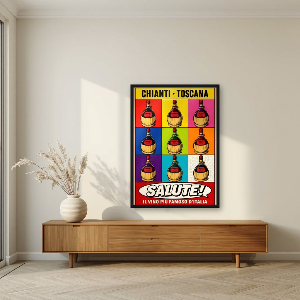 Chianti Salute — Tuscany art print, in a black frame, styled in a living room