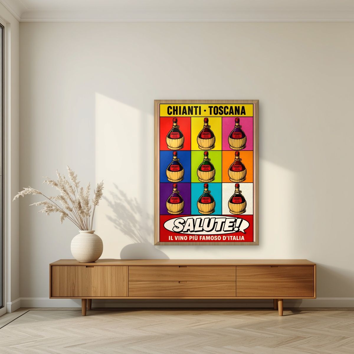 Chianti Salute — Tuscany art print, in an oak frame, styled in a living room