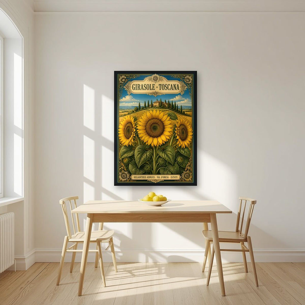 Girasole — Tuscany art print, in a black frame, styled in a kitchen