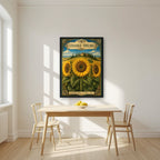 Girasole — Tuscany art print, in a black frame, styled in a kitchen