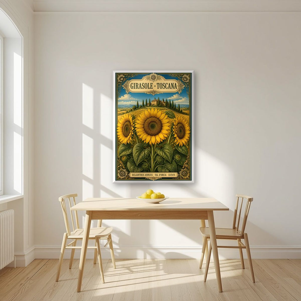 Girasole — Tuscany art print, in a white frame, styled in a kitchen