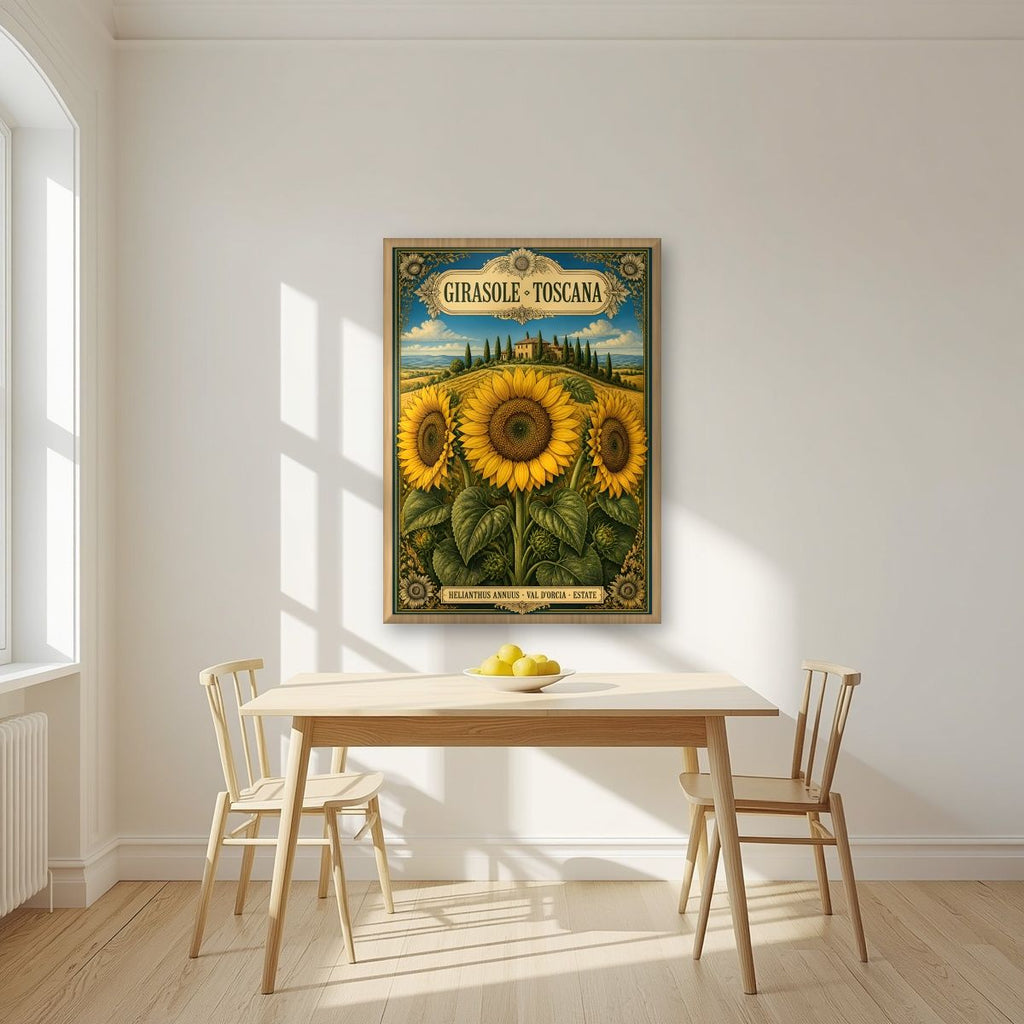 Girasole — Tuscany art print, in an oak frame, styled in a kitchen