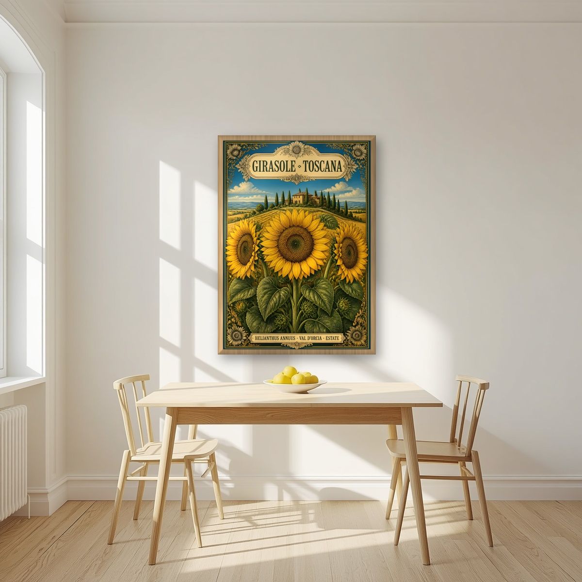 Girasole — Tuscany art print, in an oak frame, styled in a kitchen