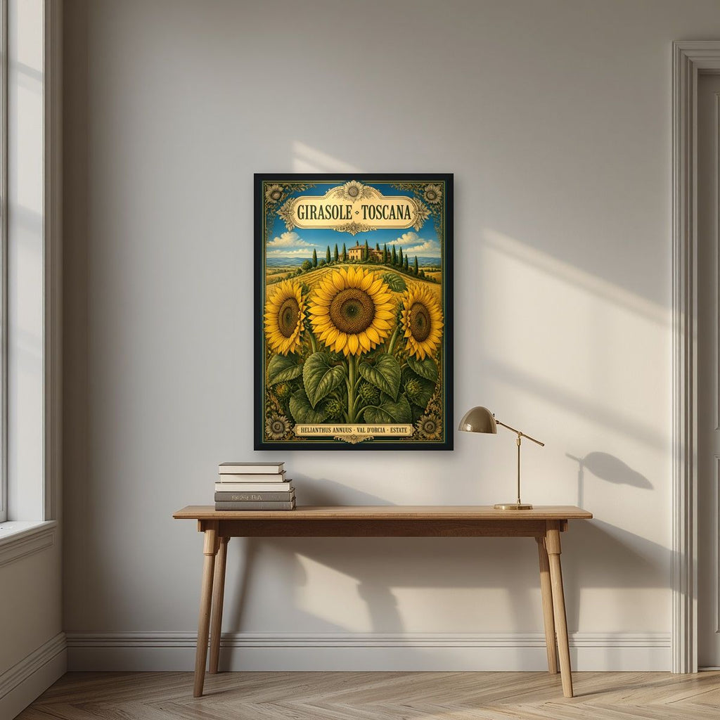 Girasole — Tuscany art print, in a black frame, styled in a desk