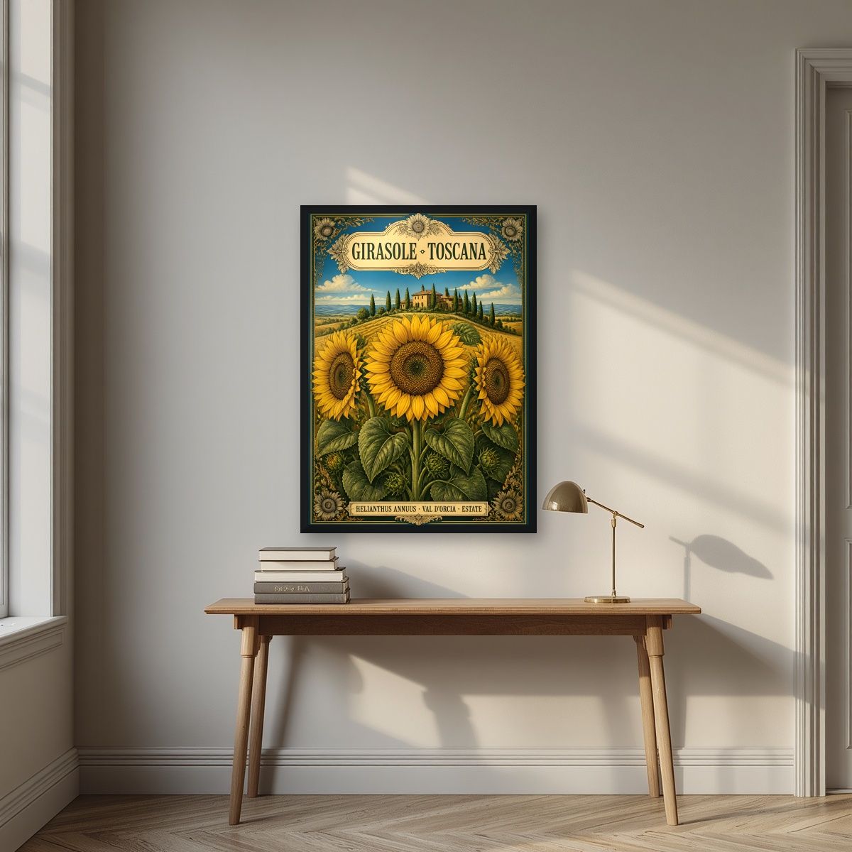 Girasole — Tuscany art print, in a black frame, styled in a desk