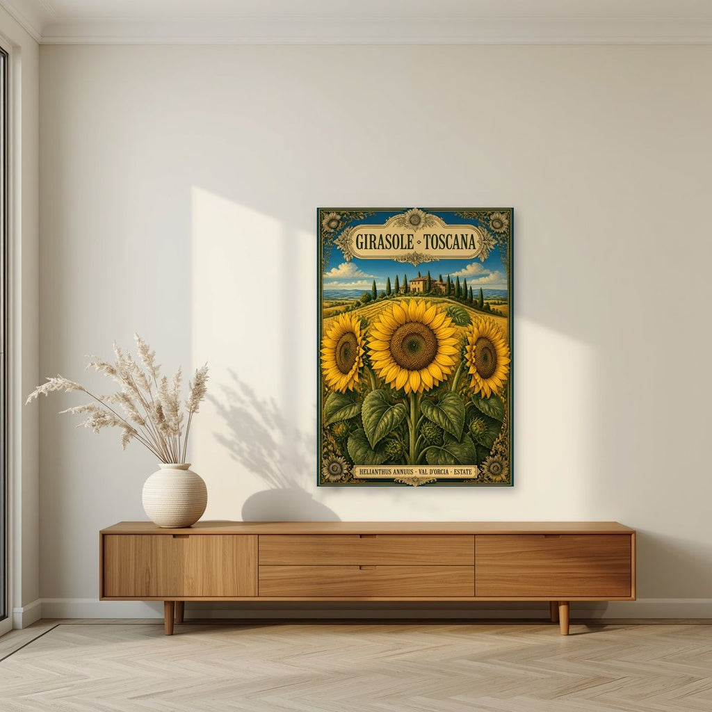 Girasole — Tuscany art print, unframed poster, styled in a living room