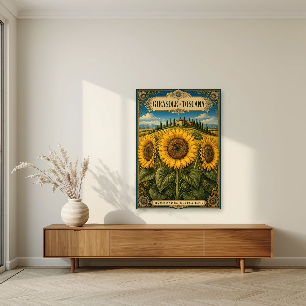Girasole — Tuscany art print, unframed poster, styled in a living room