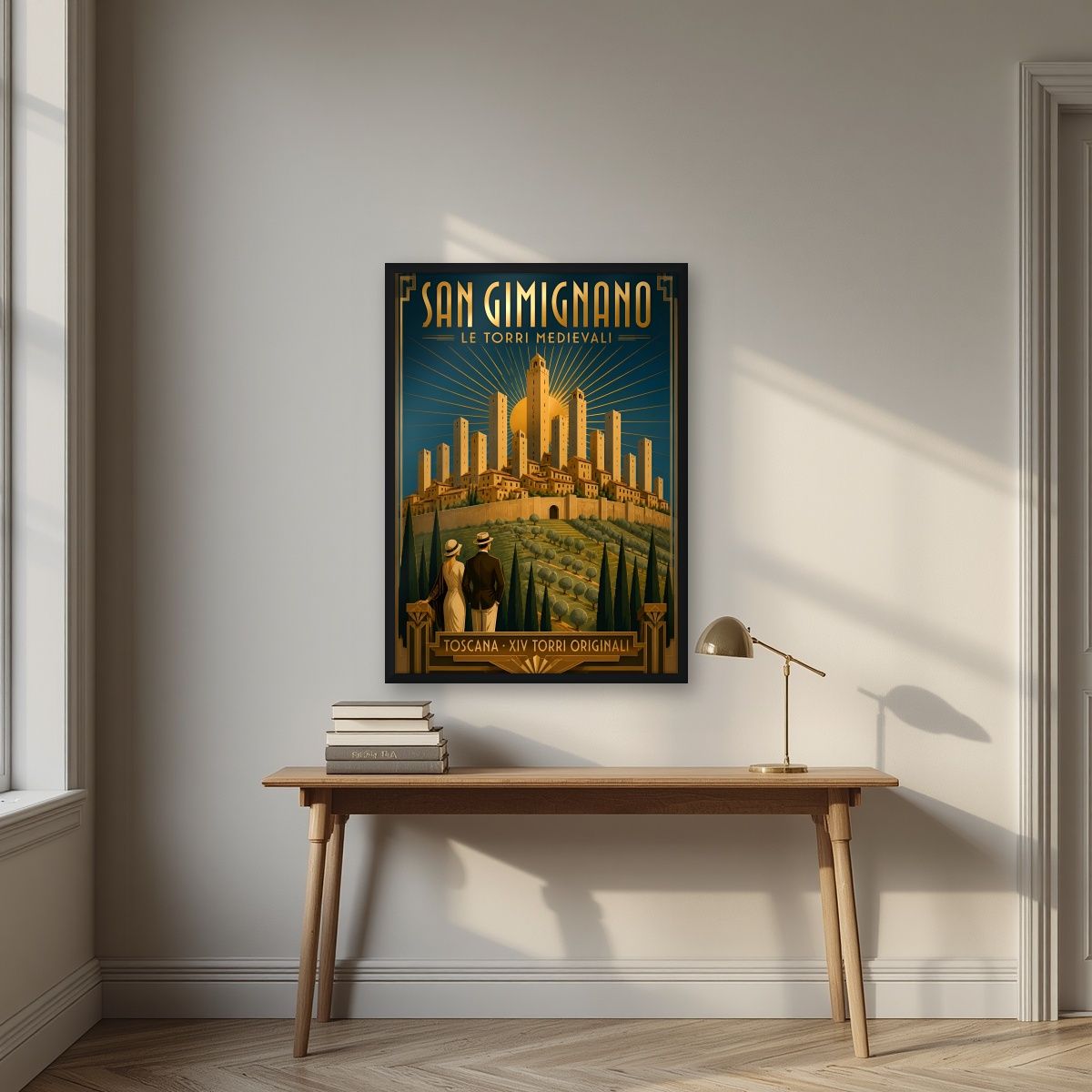 Le Torri Medievali — Tuscany art print, in a black frame, styled in a desk
