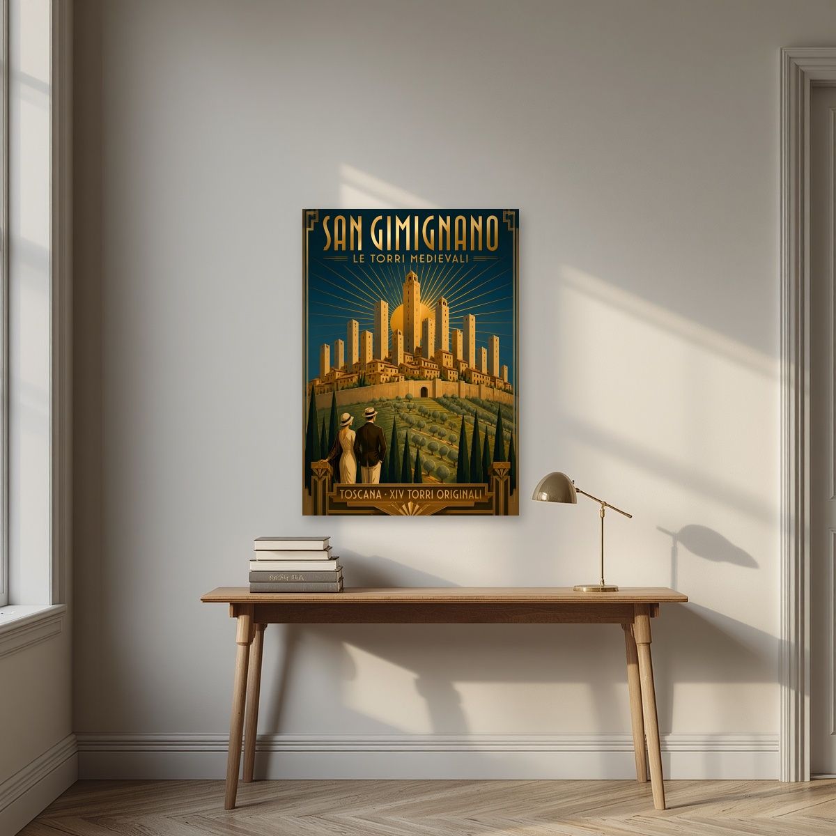 Le Torri Medievali — Tuscany art print, unframed poster, styled in a desk