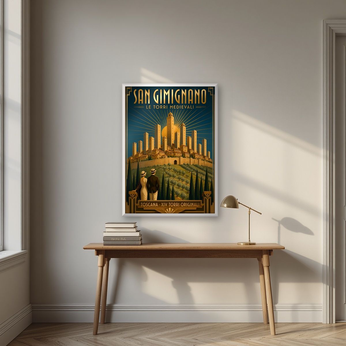 Le Torri Medievali — Tuscany art print, in a white frame, styled in a desk