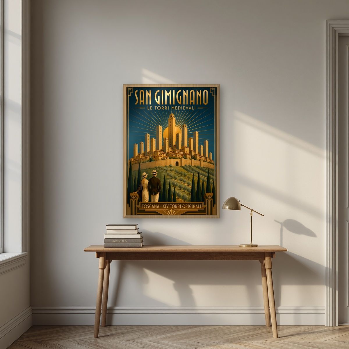Le Torri Medievali — Tuscany art print, in an oak frame, styled in a desk