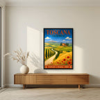 Val D'Orcia — Tuscany art print, in a black frame, styled in a living room