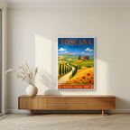 Val D'Orcia — Tuscany art print, in a white frame, styled in a living room
