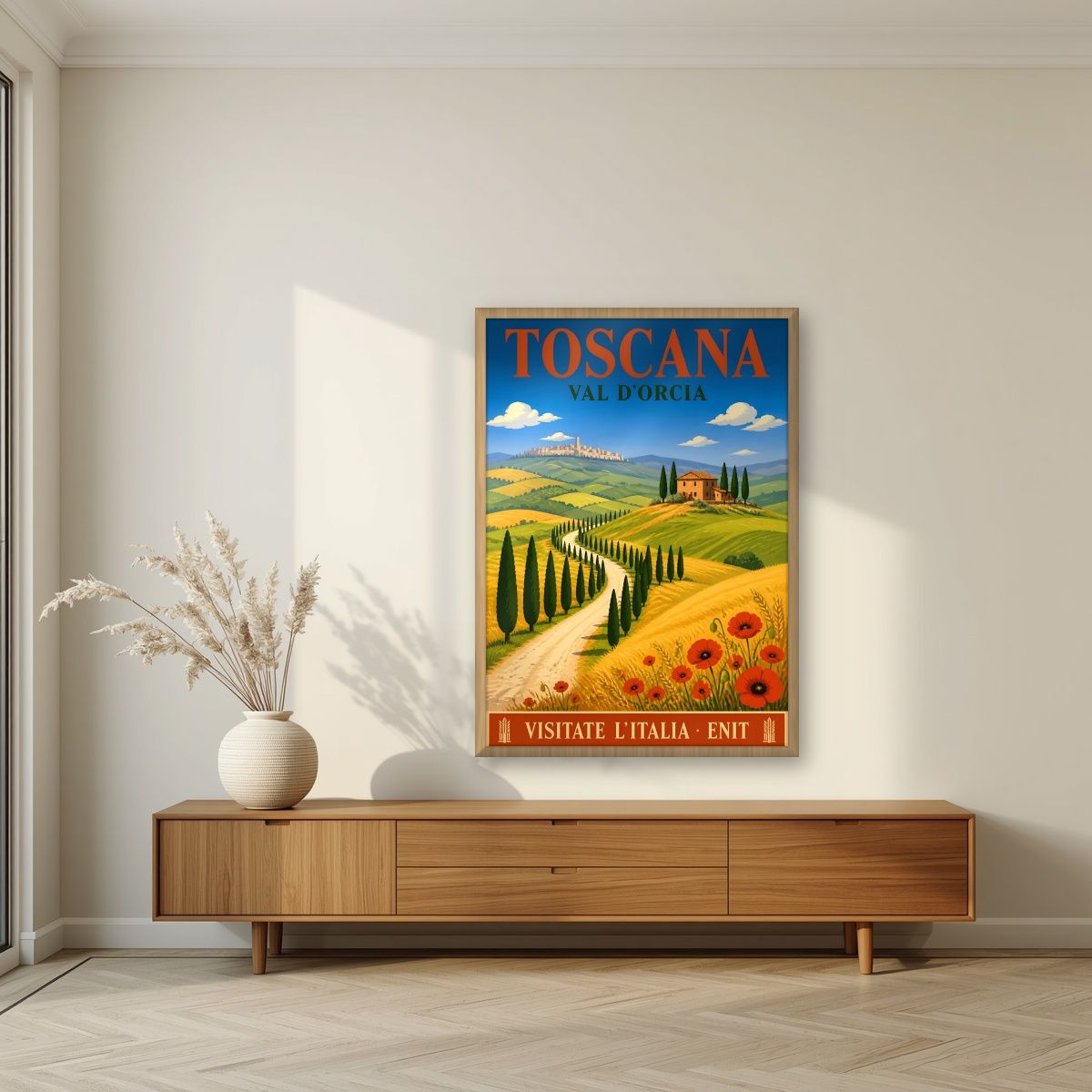 Val D'Orcia — Tuscany art print, in an oak frame, styled in a living room
