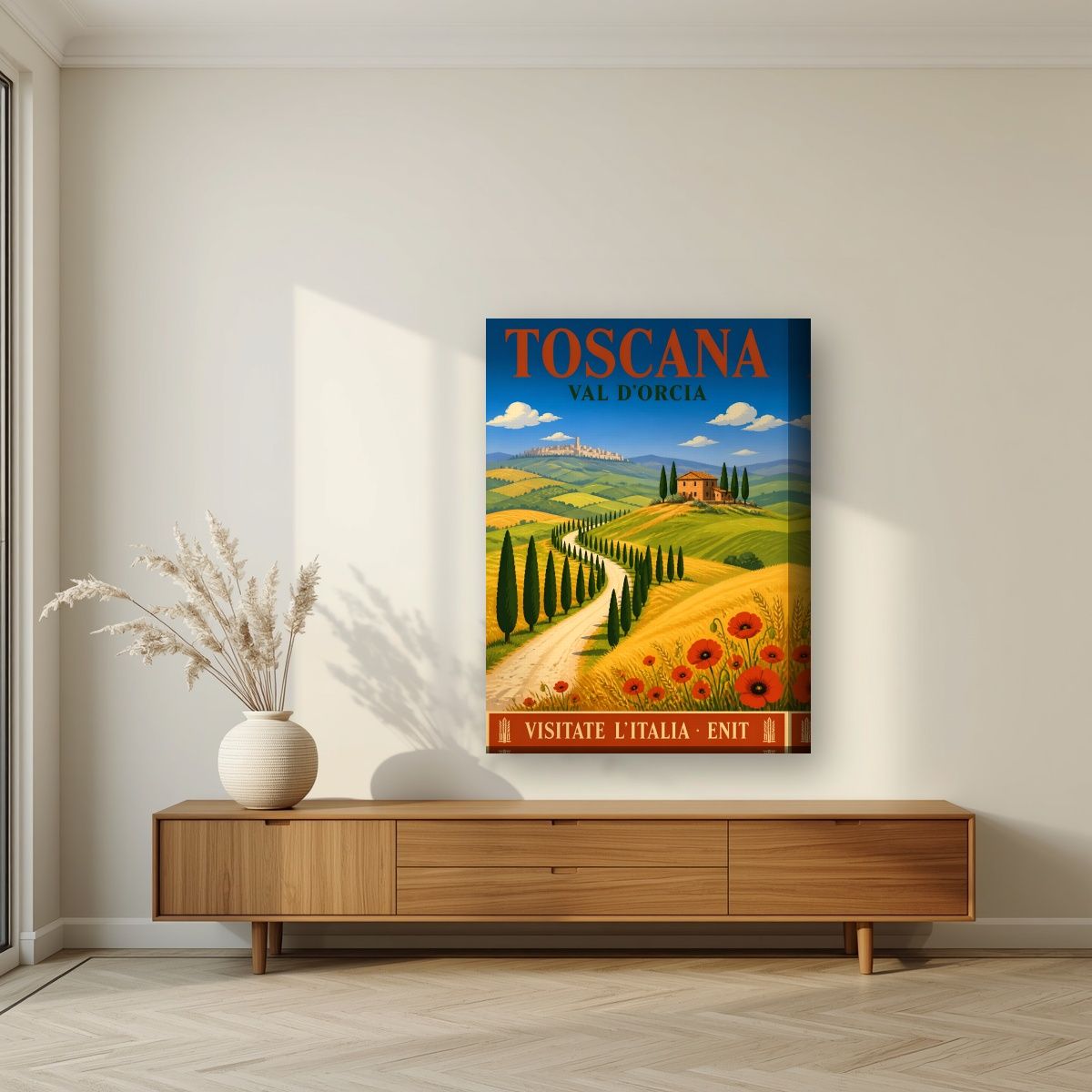 Val D'Orcia — Tuscany art print, on thick canvas, styled in a living room