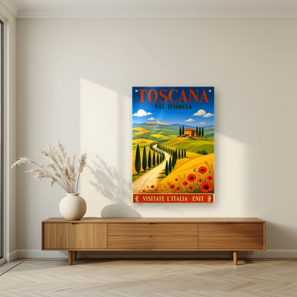 Val D'Orcia — Tuscany art print, as an acrylic print, styled in a living room