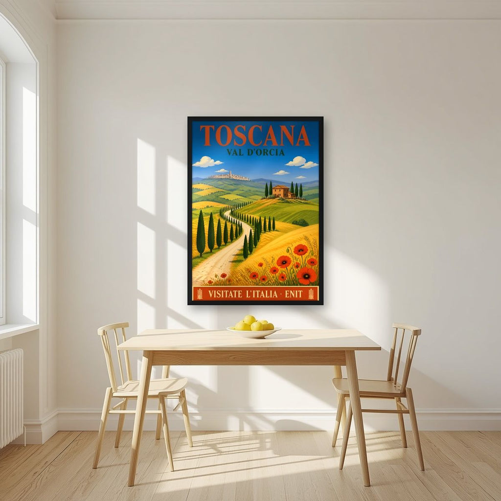 Val D'Orcia — Tuscany art print, in a black frame, styled in a kitchen