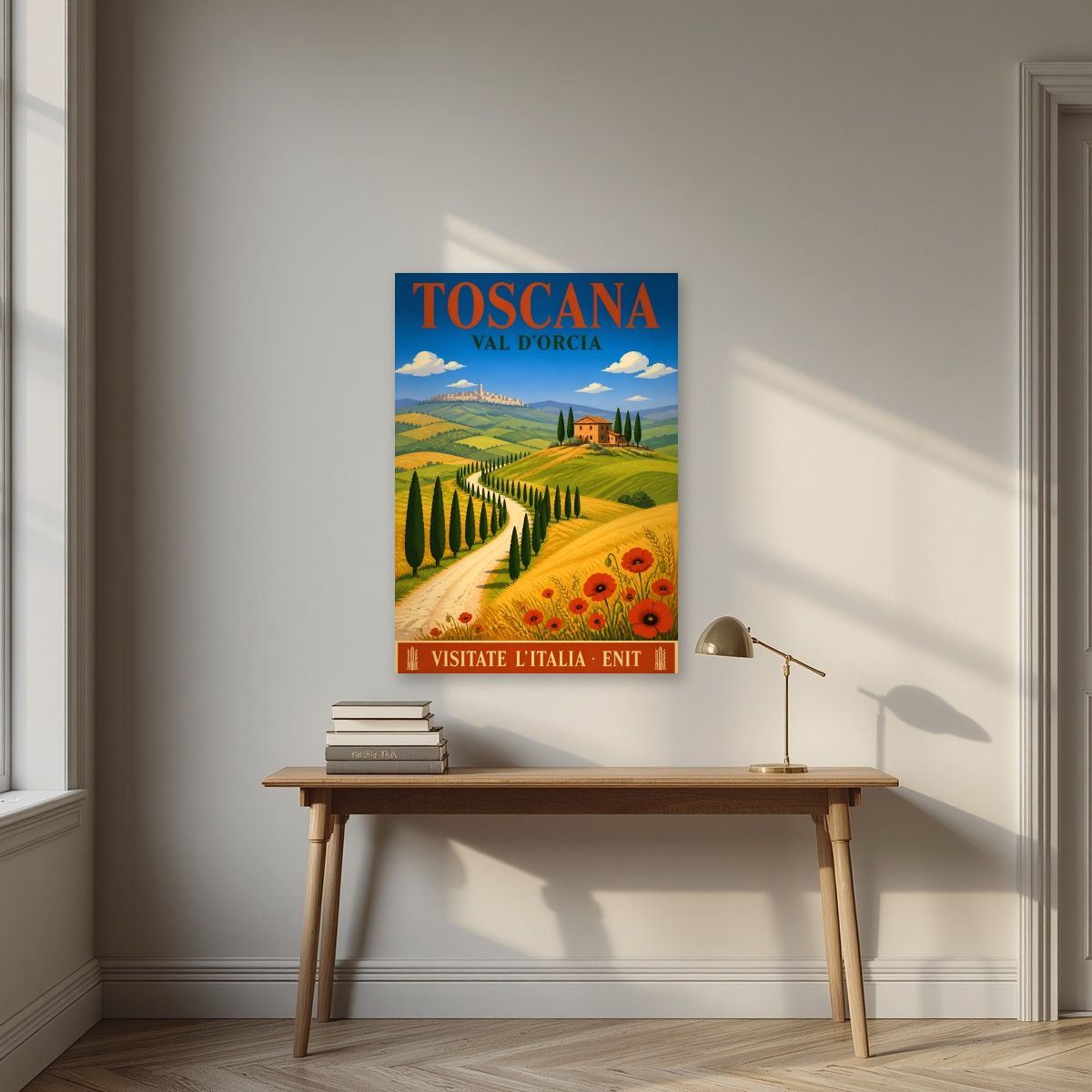 Val D'Orcia — Tuscany art print, unframed poster, styled in a desk