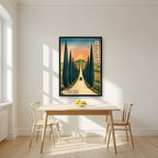Viale Dei Cipressi — Tuscany art print, in a black frame, styled in a kitchen