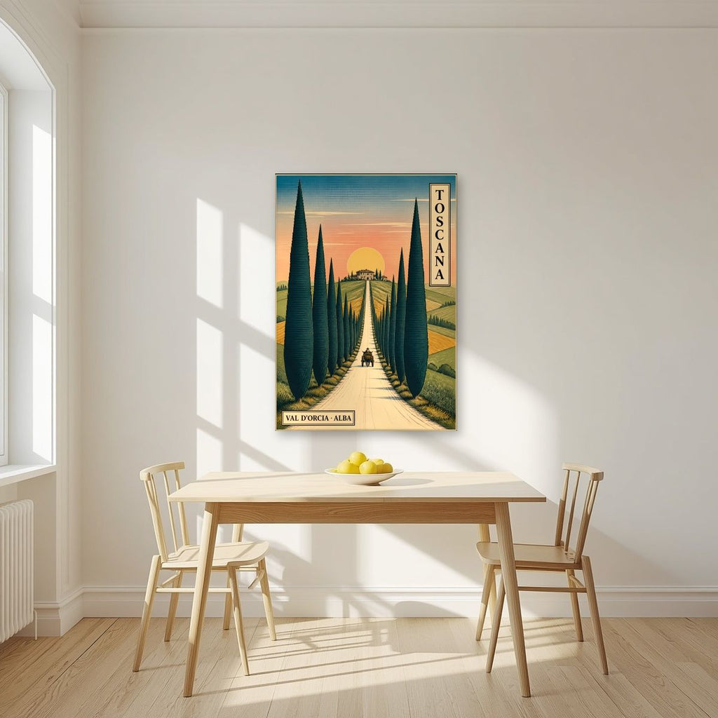 Viale Dei Cipressi — Tuscany art print, unframed poster, styled in a kitchen