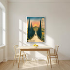 Viale Dei Cipressi — Tuscany art print, in a white frame, styled in a kitchen