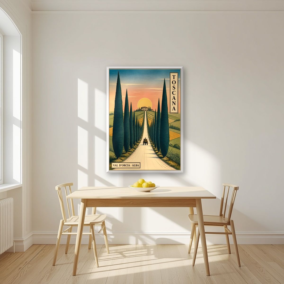 Viale Dei Cipressi — Tuscany art print, in a white frame, styled in a kitchen