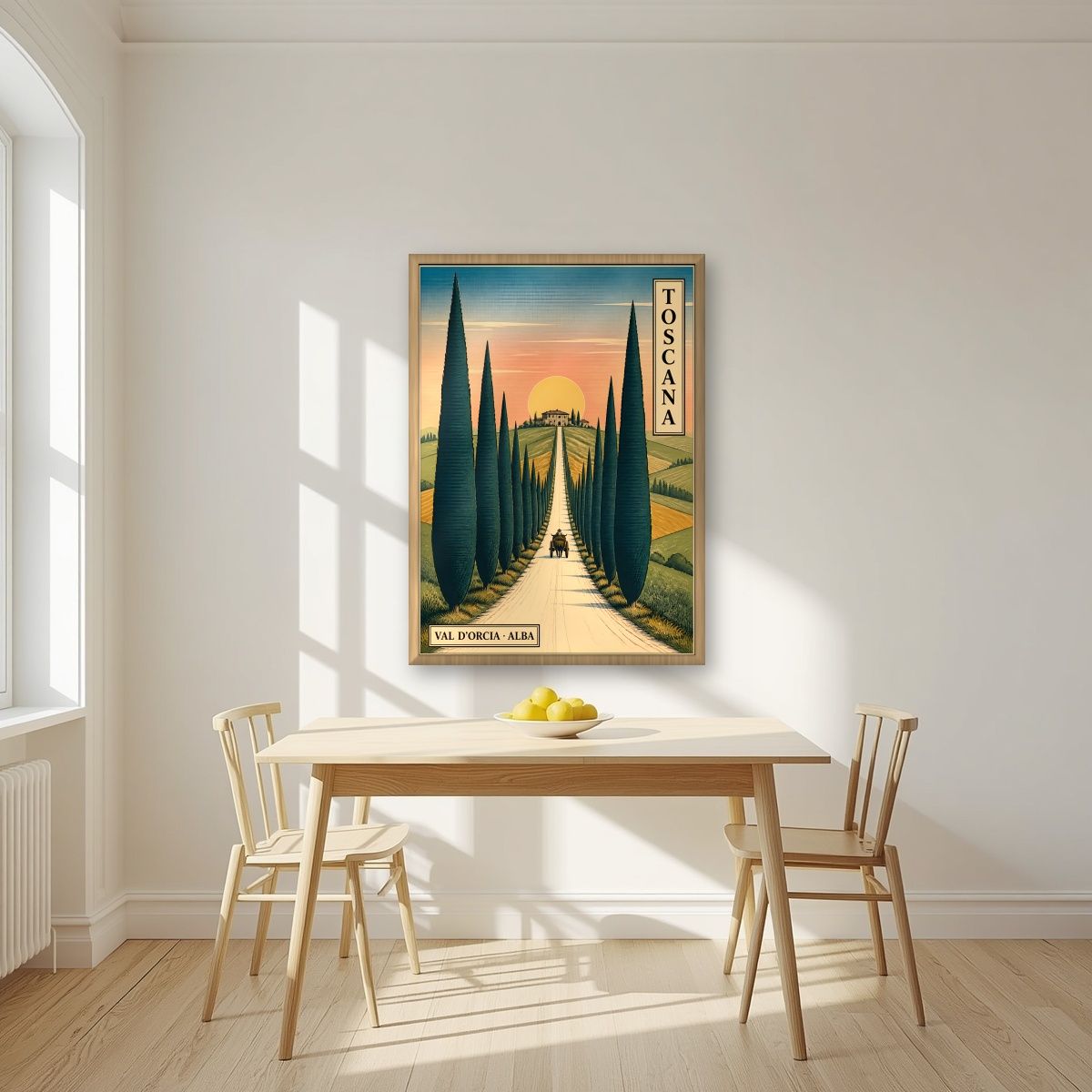 Viale Dei Cipressi — Tuscany art print, in an oak frame, styled in a kitchen