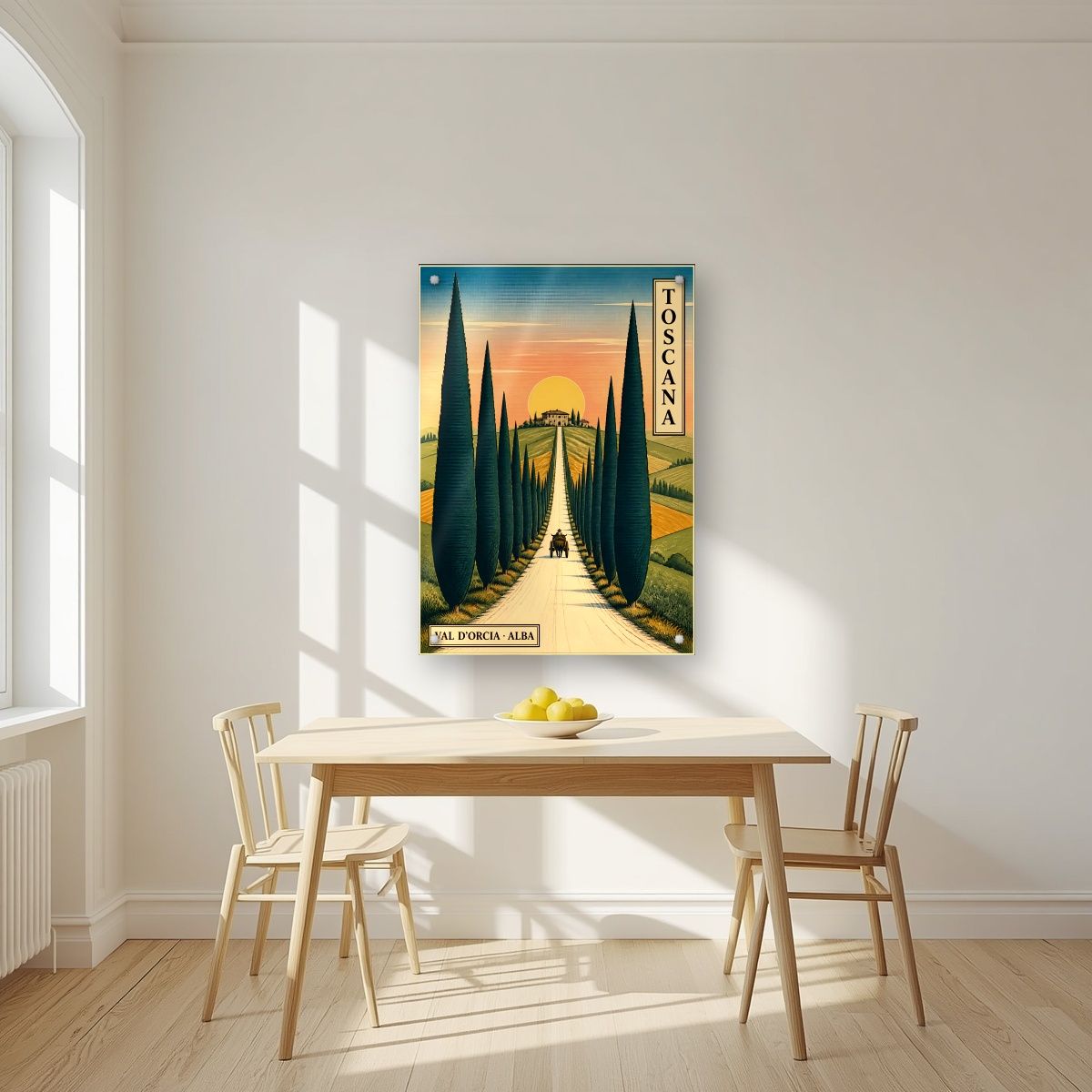 Viale Dei Cipressi — Tuscany art print, as an acrylic print, styled in a kitchen