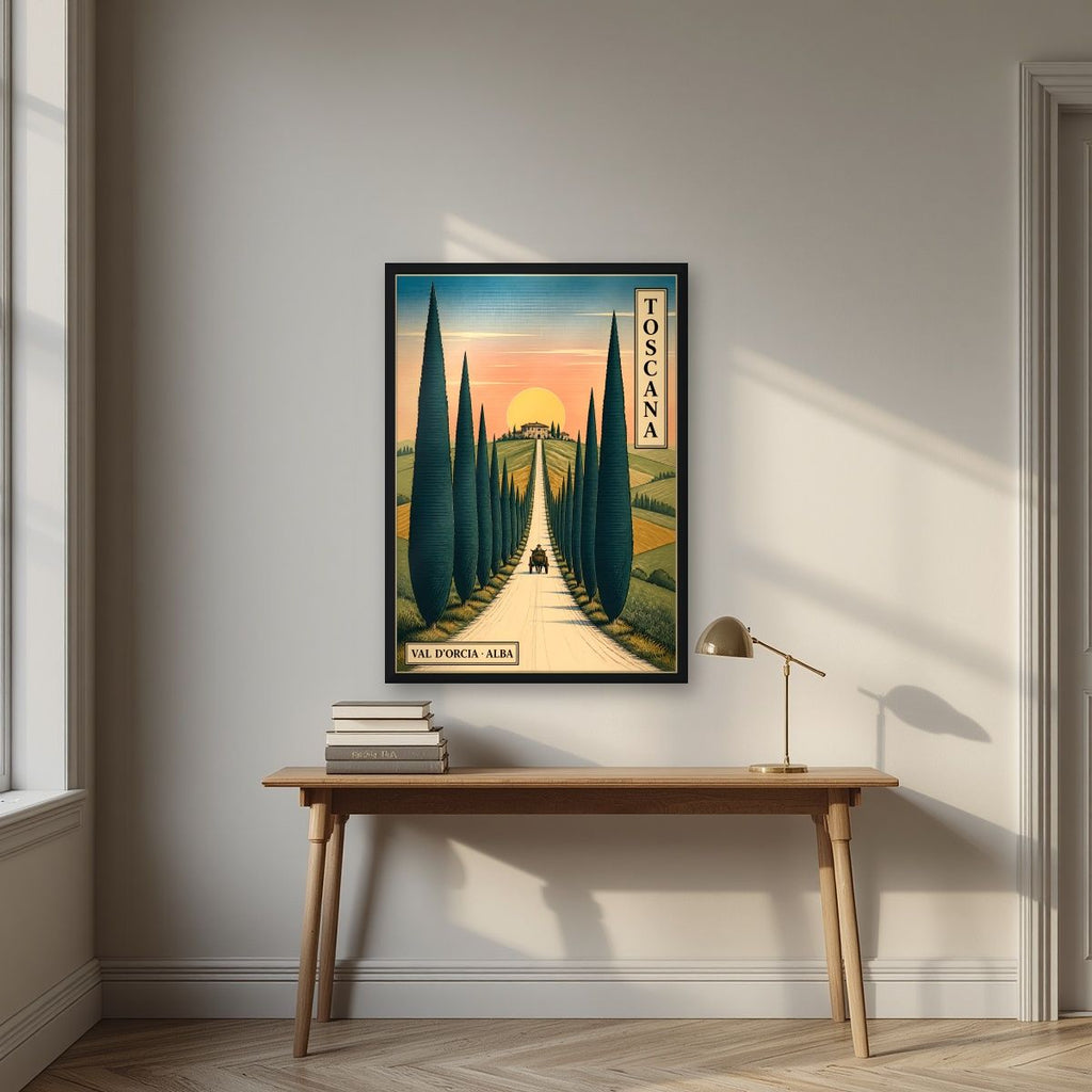 Viale Dei Cipressi — Tuscany art print, in a black frame, styled in a desk