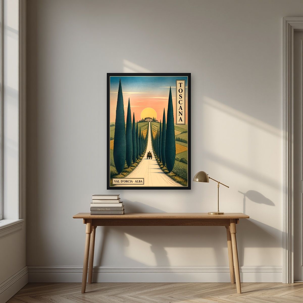 Viale Dei Cipressi — Tuscany art print, in a black frame, styled in a desk