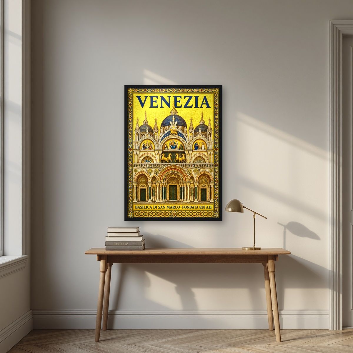 Basilica Di San Marco — Venice art print, in a black frame, styled in a desk