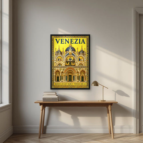 Basilica Di San Marco — Venice art print, in a black frame, styled in a desk
