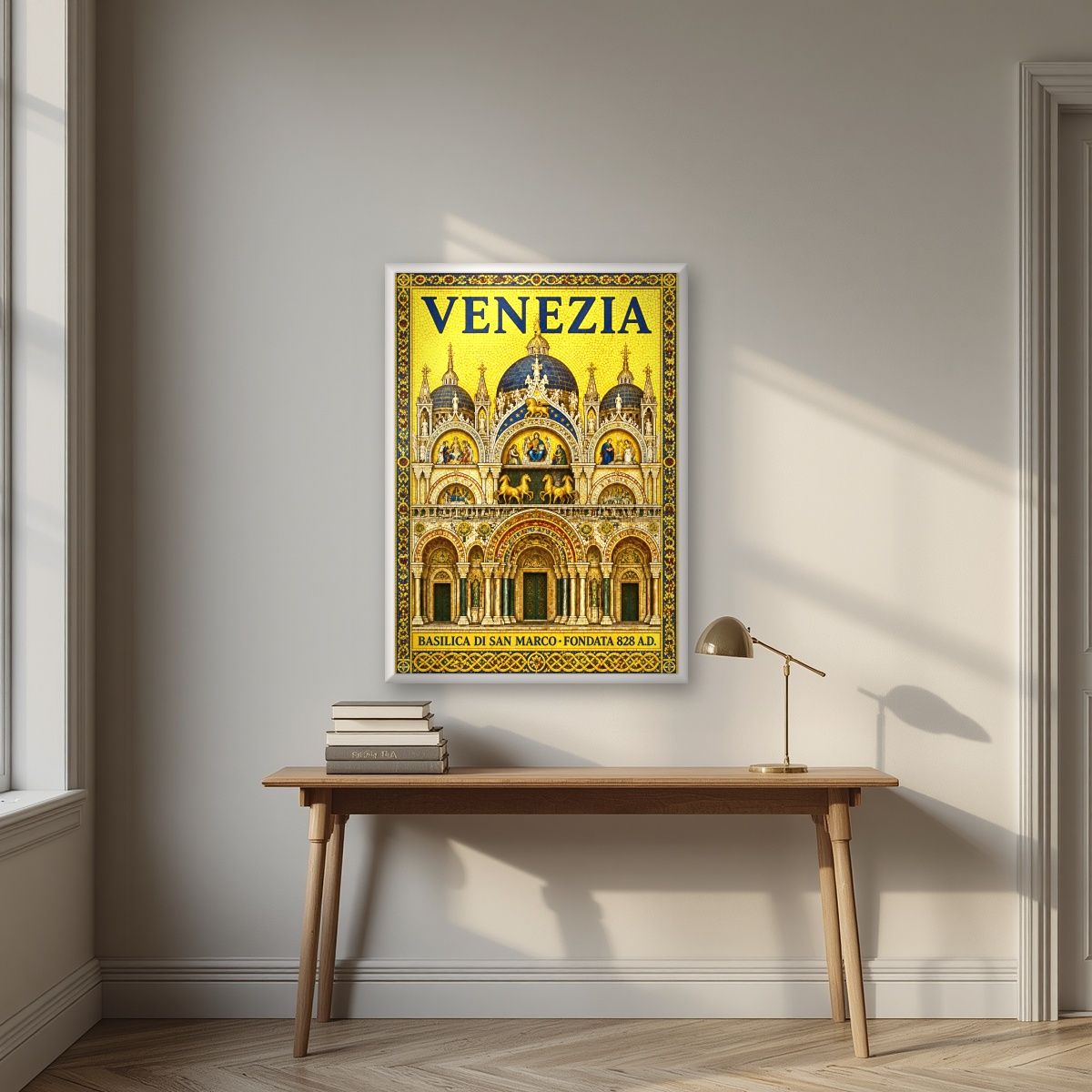 Basilica Di San Marco — Venice art print, in a white frame, styled in a desk