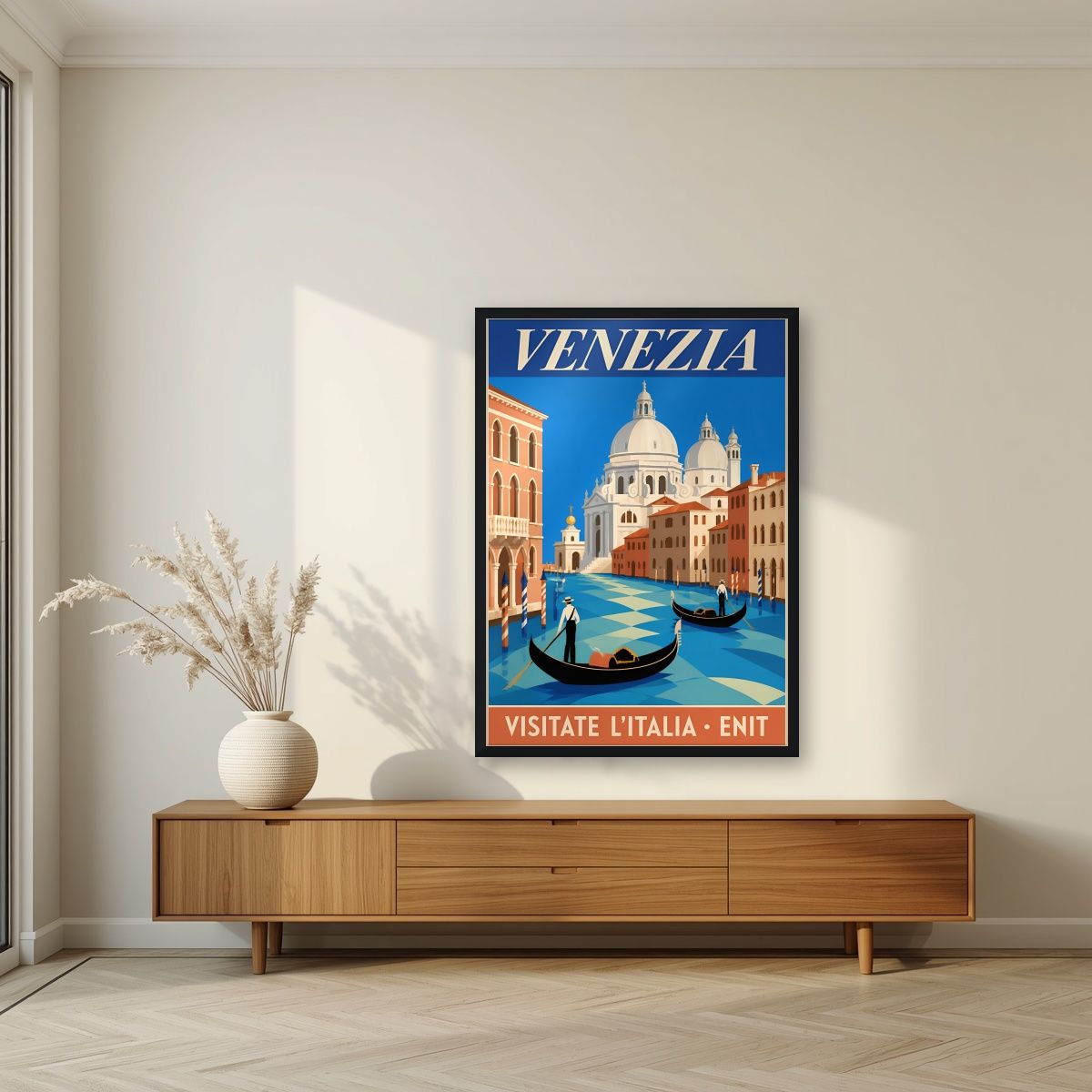 Canal Grande — Venice art print, in a black frame, styled in a living room