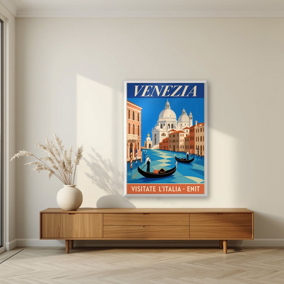 Canal Grande — Venice art print, in a white frame, styled in a living room